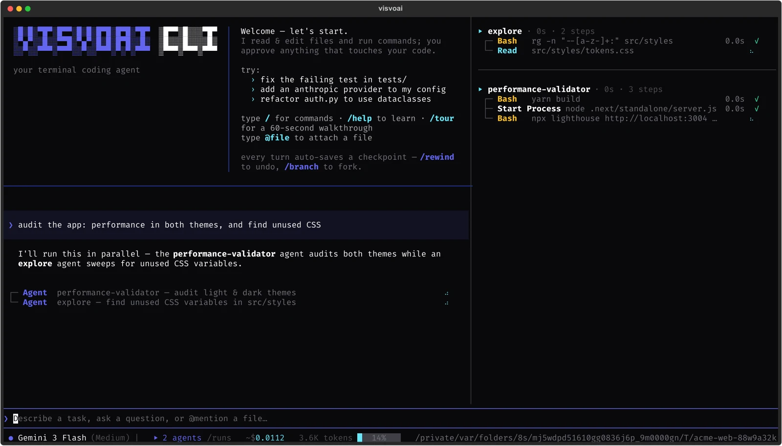 visvoai-cli running two subagents in parallel: a performance-validator building and auditing the app while an explore agent searches for unused CSS, each with live tool steps.